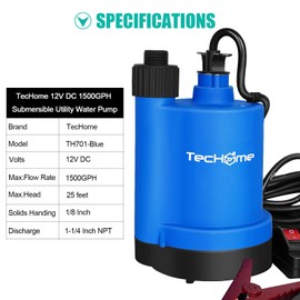 TecHome 12v Pump，1500GPH Water Transfer Pump Sump Pump Submersible Water Pump, With 20 Feet Power Cord.