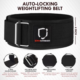 Gym Striker® Weight Lifting Belt Premium Self-Locking Gym Belts weightlifting belt Adjustable Back Lumbar Support Fitness Belt Athlete preferred Powerlifting Deadlift CrossFit Dip Squat [Black, XL]