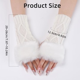 CABODYALS 2 Pairs White Furry Fingerless Gloves Arm Warmers Fluffy Winter Knitting Soft Thumb Hole with Faux Fur Hand Wrist Warmer Knit Crochet Gloves Mittens for Women Typing Driving