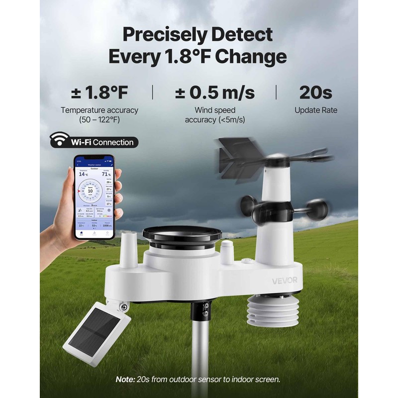 VEVOR 7-in-1 Wi-Fi Weather Station with APP, 7.5-Inch VA Display,