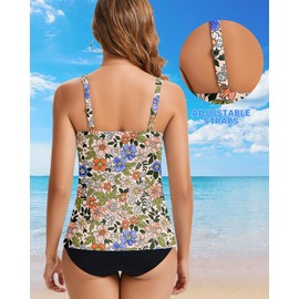 WOWENY Tankini Tops for Women Flowy Sleeveless V Neck Bathing Suits Modest Swimsuit Top No Bottom (Light Orange Flowers, L)