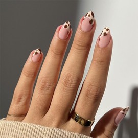 KQueenest French Tip Press on Nails Short Almond with Cow Pattern Full Cover Natural Nude Fake Nails Short Stiletto Brown False Nails with Cow Desgin Cute Stick on Nails for Women 30 Pcs