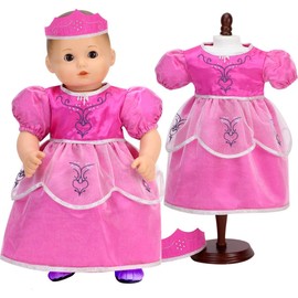 Sophia's 15" Baby Doll 2 pc. Embroidered Princess Dress and Crown, Hot Pink with Silver Trim