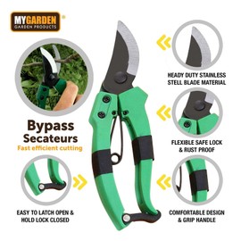 Buystarget Garden Shears Bypass Heavy Duty Carbon Steel Hand Pruning Shears Precision Secateurs Pruners Scissors Gardening Cutting Tool Clippers Trimmer Steel Blades Non-Slip Grip (Green)