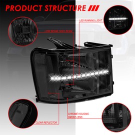 Auto Dynasty LED DRL Headlights Assembly Compatible with GMC Sierra 1500 2500 3500 2007-2014, Driver and Passenger Side, Smoked Lens Clear Corner