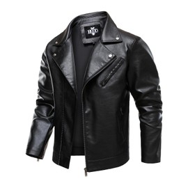 HOOD CREW Men’s Faux Leather Jacket Cool Motorcycle Lapel Biker Jackets Zip Up Riding Coat Black 3XL