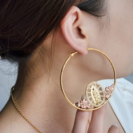 Elegant Religious Hoop Earrings with Virgin Mary and Rose Detailing – 18k Gold Plated With Sparkling Rhinestones (Gold)