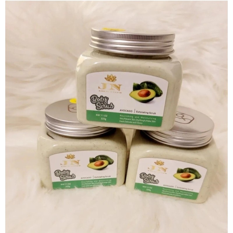 JNA avocado body scrub infused with green tea.