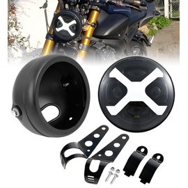 HENGTUAOTO 5-3/4 5.75" LED X-Style White DRL Motorcycle Headlight with Headlight Housing Bucket Mount Brackets Compatible with Shadow 750 Rebel 500 Vulcan Cafe Racer Choppers Cruiser