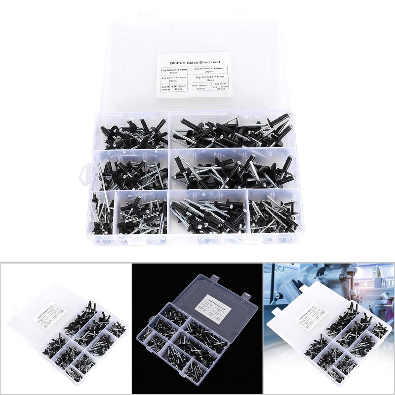 200pcs Black Blind Rivets Steel Mandrel Aluminum Body Pop Rivets