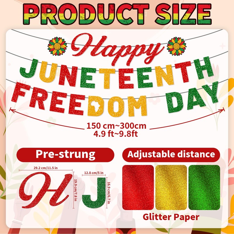 Juneteenth Decorations Set, Pre-strung Glitter Happy Juneteenth Banner Freedom Day