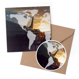 1 x Greeting Card & 10 cm Round Sticker Set - Traveling World Map Airport Lounge - Birthday Thank You Friend Lover Fan Mum Dad Kids #16724
