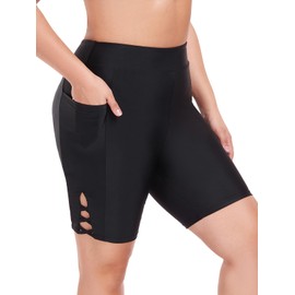 Ocean Blues - Pantalones cortos de natación de cintura alta para mujer de 8 pulgadas con bolsillos con control de abdomen UPF 50+ pantalones cortos de playa, Negro -, 3X-Large