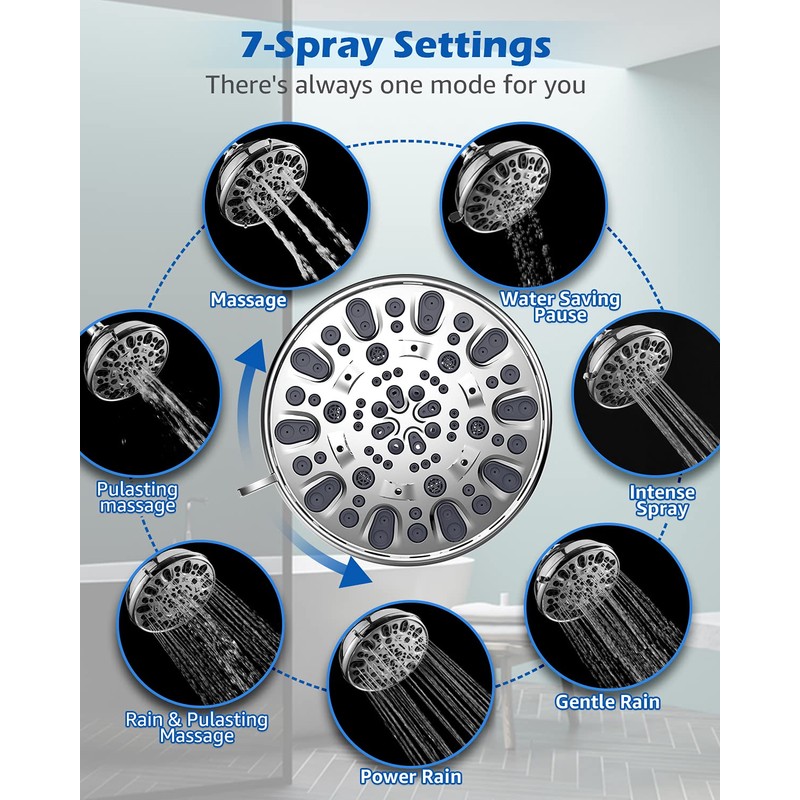 High Pressure Shower Head VMASSTONE 4.7" Rain Fixed Showerhead 7-Spray