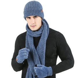 LumiSyne Winter 3 in 1 Scarf Hat Glove Set for Men Women Knitted Beanie Hat Jacquard Solid Color Scarf Touch Screen Gloves
