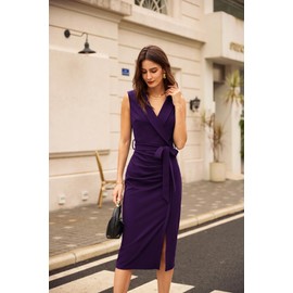 GRACE KARIN Women's Wear to Work Sleeveless Ruched Bodycon Office Pencil Midi Dresses with Belt Dark Purple