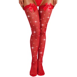 RSLOVE Women Thigh High Stockings Sparkly Rhinestone Fishnets with Satin Bow Tights Pantyhose Hosiery Red