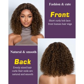 FASHION IDOL Short Curly Bob Human Hair Wig Precut Preplucked Glueless Wear and Go Lace Wig 200% Density Upgraded Invisible Secret Glueless Human Hair Ready to Wear Wigs