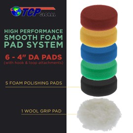 TCP Global 4 Inch Buffing Pads Set - 5 Smooth Flat Foam Buffer Pads & 1 Wool Pad for Orbital Buffers, DA Polish Pad for Paint Correction, Polishing Kit for Auto & Boat Gelcoat Detailing