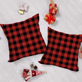 Fukeen 2 Pack Waterproof Outdoor Christmas Pillow Covers 24x24 Inch Red and Black Buffalo Plaids Checked Throw Pillow Cases New Year Winter Farmhouse Decorations Cushion Cover Double Sided