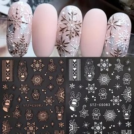 6Pcs Christmas Nail Art Stickers 3D Christmas Elk Nail Decals White Rose Gold Self-Adhesive Nail Art Supplies Elk Snowflake Winter Xmas Nail Designs New Year Manicure Accessories for Women Decoration