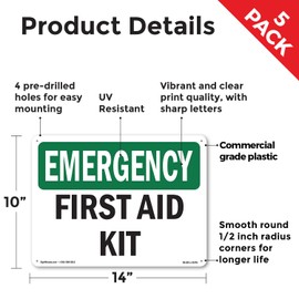 First Aid Kit OSHA Emergency Rigid Plastic Sign 14 Inch x 10 Inch - 5 Pack