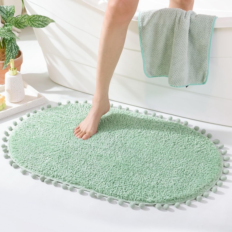 YIRDDEO Sage Green Pom Bath Rug for Bathroom Non Slip,