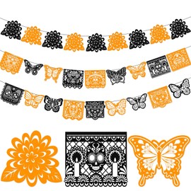 HOWAF Tag der Toten Wimpel, Filz Tag der Toten Banner Papel Picado Zucker Sch?del Ringelblumen Schmetterlinge Mexikanische Wimpel f¨¹r Dia De Los Muertos Dekorationen