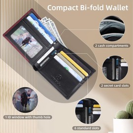 VISOUL Q07 Men's Genuine Leather Wallet with RFID Protection Large with Coin Compartment 8 Compartments Genuine Leather Wallet for Men Wallet Portmone, Red and black, Casual