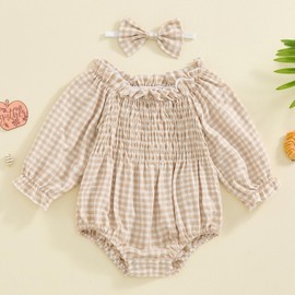 Newborn Infant Baby Girl Winter Clothes Long Sleeve Plaid Romper Smocked Bodysuit with Headband Infant Fall Clothes (Khaki, 0-3 Months)