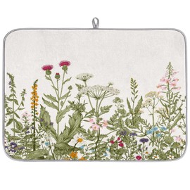 Hexteria Wild Flowers Plant Dish Drying Mats for Kitchen Counter 16x18 Inch, Spring Flower Kitchen Drying Mat Absorbent Fast Dry Kitchen Accessories, Wildflower White