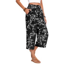 Anyhold Womens Capri Pants Loose High Waisted Wide Leg Lounge Pants Drawstring Casual Palazzo Pants Trousers with Pockets Large, White Carvings