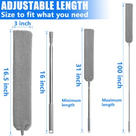 Retractable Gap Dust Cleaner Brush with 4 pcs Replacement Duster Cloth, 100 inches Extendable Pole, Flexible Microfiber Duster for Cleaning Under Refrigerator, Sofa,Couch Bed, Furniture