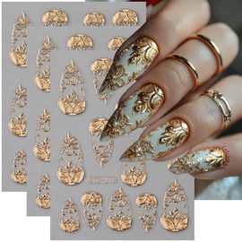 Gold Nail Art Stickers 3D Self-Adhesive Golden Foil Leaf Nail Decals Nail Art Supplies 3PCS Metallic Totem Leaves Summer Nails Design Embossed Sticker Manicure Sliders for Women DIY Nail Decorations