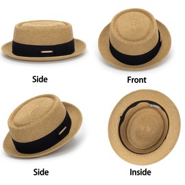KorhLeoh Summer Pork Pie Straw Hat 1920s Bowler Flat Top Fedora Hat Costume Party Cap for Men Women Unisex, khaki square ribbon