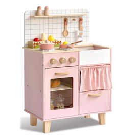 Pink Wooden Play Kitchen with Realistic Features & Accessories, Pretend Cooking Toy for Kids 3+, Ideal Gift for Toddler Boy and Girls