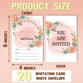 Ogleqoo 20 Pack Floral Birthday Invitations, 4 x 6 Double Sided Birthday Invites Cards with Envelopes, Kids Birthday Party Invitations for Boys and Girls Birthday Party Supplies-B03