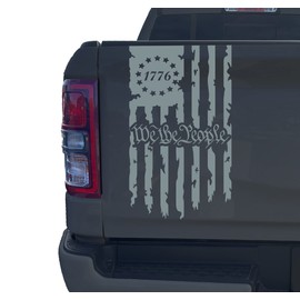 We The People Betsy Ross Flag 1776 Distressed American USA US Flag Truck Tailgate Vinyl Decal Stickers Preamble of The US Constitution (10" x 18") (Gray)