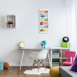 Stupell Industries Kid's Traditional Construction Vehicles Playful Bold Text, Designed by Stephanie Workman Marrott Canvas Wall Art, 13 x 30, Off-White