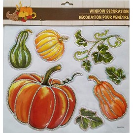 Fall Harvest Thanksgiving 3D Metallic Glitter Window Stickers, Select: Theme (Pumpkins, Leaves, Squash)