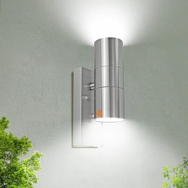 HiBay Dusk Till Dawn Outdoor Wall Lights Up Down Mains Powered IP44 Stainless Steel Outdoor Sensor Lights for Front Door Porch, Incl. 2X 5W GU10 Bulbs Cool White