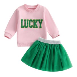Toddler Baby Girl St Patricks Day Outfit Lucky Charm Sweatshirt and Tulle Tutu Skirts Set Cute Infant Irish Clothes (Pink Lucky, 2-3T)