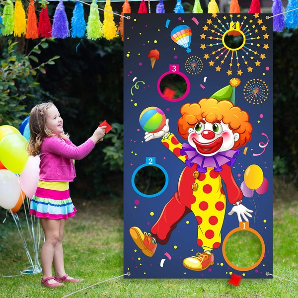 Outus Carnival Toss Games Clown Banner with 3 Bags of Beans Circus Bean Bag Toss Game for Carnival Activities, Large Carnival Decorations, Circus Suppliers for Children and Adults