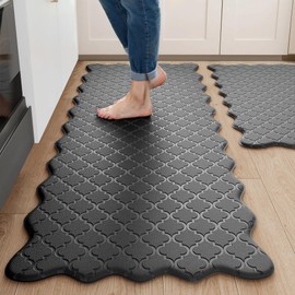 Arenarug Upgrade Scalloped Embossed Kitchen Mats for Floor 2PCS Cushioned Anti Fatigue Waterproof Foam Kitchen Rugs Non Slip Washable Comfort Standing Mat for Office Sink Laundry, Black