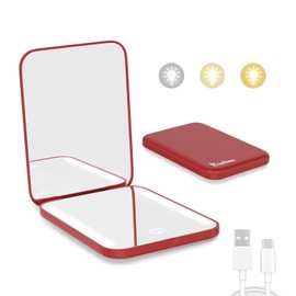 Kintion Kintion Rechargeable Pocket Mirror, Double Sided 1X/3X Magnification Compact Vanity Mirror, 3 Color Lights, Dimmable, Small Portable Wallet Mirror, Lighted Travel Mirror for Women Gifts, Wine Red