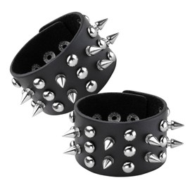 Eigso Pack of 2 Punk Gothic Bracelets with Soft PU Leather Gun Colour and Silver Rivets for Men and Women, Leather
