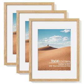 Dreamland 11x14 Picture Frame, Solid Oak Wood Photo Frame with Mat for 8x10, 11 x 14 Matted Picture Frames with Resistant Plexiglass for Wall Art Photo and Prints, Oak Color, Set of 3
