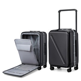 MILADA Wide Handle Luggage with Front Pocket Hardshell Aluminium Check In Suitcase with Wheels Medium 24 Inch Front Opening Checked Luggage with Spinner Wheels TSA Lock Airline Approved Luggage, Black