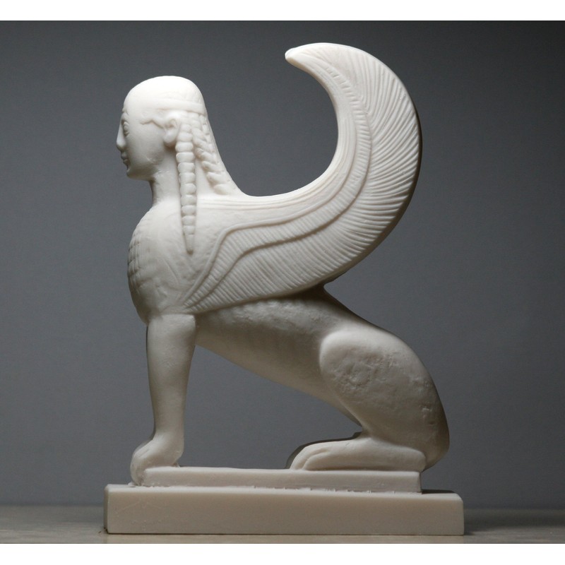 Sphinx Greek Mythical Woman Head Lion Statue Cast Marble Sculpture
