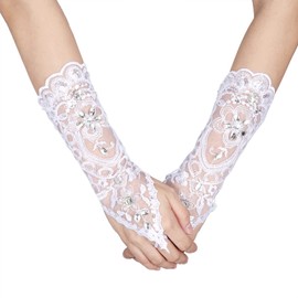 Zerodis Lacey Ivory Rhinestone Fingerless Gloves for Brides Accessory Wedding Prom Party, Bandage Long Gloves, Evening Dress Gloves for Party Prom Opera(White)
